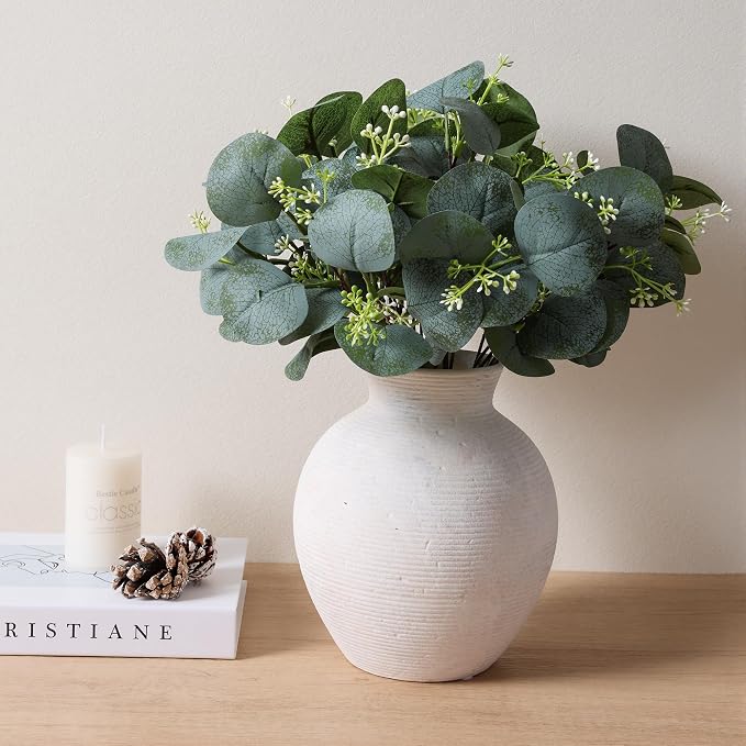 Ceramic Flower Vase Home Decor, 7.4 in Farmhouse Table Vases Rustic Vintage Living Room Kitchen Bedroom Decoration Pottery Decorative Vases for Flowers House Shelf Office Desk Dining Entryway, White