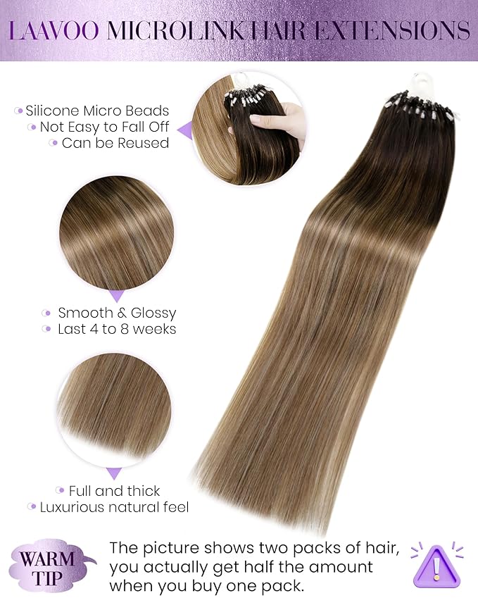 LaaVoo Microlink Hair Extensions Human Hair Balayage Brown Micro Loop Extensions Real Human Hair Microbead Hair Extension Darkest Brown to Medium Brown with Ash Brown 50g 50s 16in