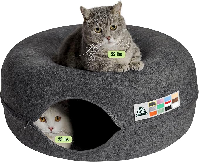 Peekaboo Cat Cave Donut for Multiple & Large Cats up to 30-45 lbs, 3-in-1 Self Warming Cat Bed, Tunnel & Scratcher for Indoor Cats, Washable & Detachable Small Dog Bed