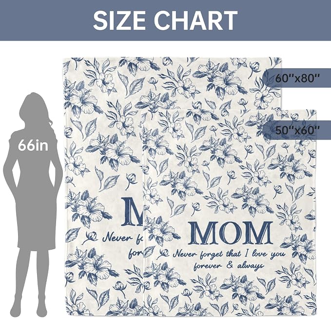Gifts for Mom, Mom Birthday Gifts from Daughter Son, To My Mom Blanket | I Love You Mom Gifts for Birthday, Christmas, Mothers Day, Blanket for Mom with Hibiscus Flowers Print, 80" x 60", Blue