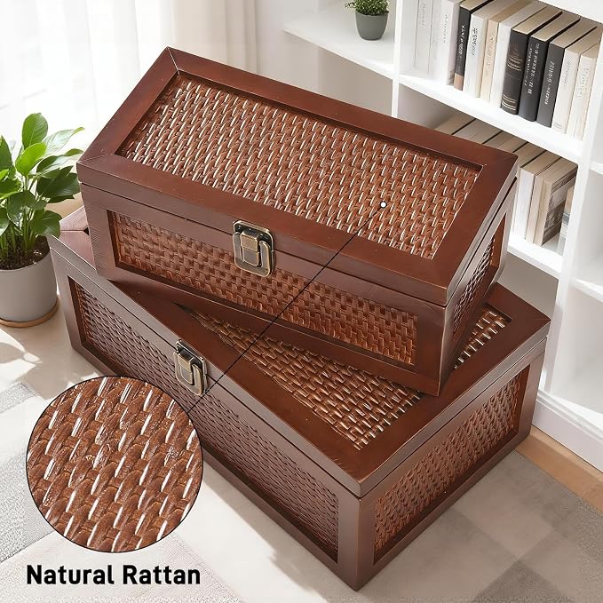 Decorative Box, Vintage Memory Box for keepsakes, Rattan Decorative Storage Boxes with Lids Set of 2, Wedding Keepsake Box for Crafts, trinket and Photo, Home Decor