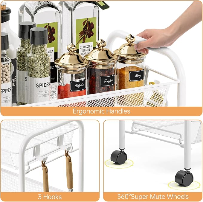 TOOLF 5 Tier Rolling Cart, Metal Utility Storage Cart with Wheels, White | 3 Hooks, Screwless Assembly, Trolley Organizer for Bathroom, Kitchen, Office, Nursery, Dorm, Laundry Room