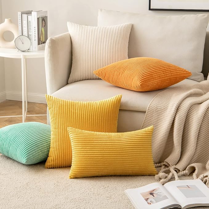 MIULEE Soft Corduroy Throw Pillow Covers Set of 2 20x20 Mustard Yellow | Decorative Striped Textured Cushion Cases, Boho Rustic Square Pillowcases, Home Decor for Couch Chair Sofa Bed Living Room