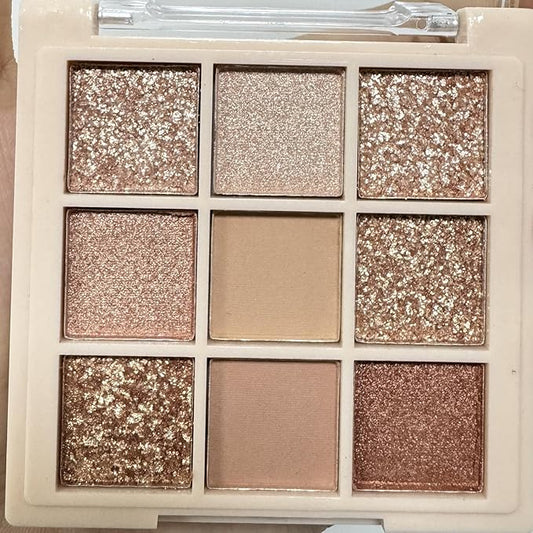 9 Colors Milk Tea Glitter Eyeshadow Palette, Matte Nude Neutral Brown Blendable Shades, Bronzer Champange Gorgeous Pearls Powder Eyeshadow, Sparkling Shimmer Daily Bright Diamond Makeup