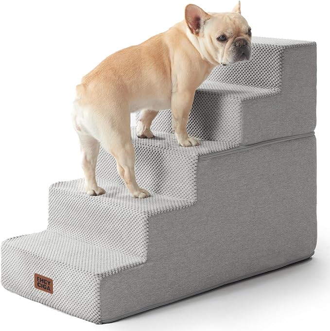 EHEYCIGA Dog Stairs for High Bed 22.5" H, 5-Step Extra Wide Dog Steps for Bed, Pet Steps for Small Dogs and Cats, Non-Slip Balanced Pet Ramp Indoor, Light Grey