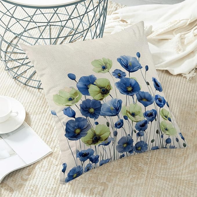 Spring Floral Pillow Covers 18x18 Set of 2 Blue Green Flower Decorative Throw Pillow Covers Decoration Summer Seasonal Pillowcase Farmhouse Decorative Cushion Cover For Couch Sofa Outdoor Decor