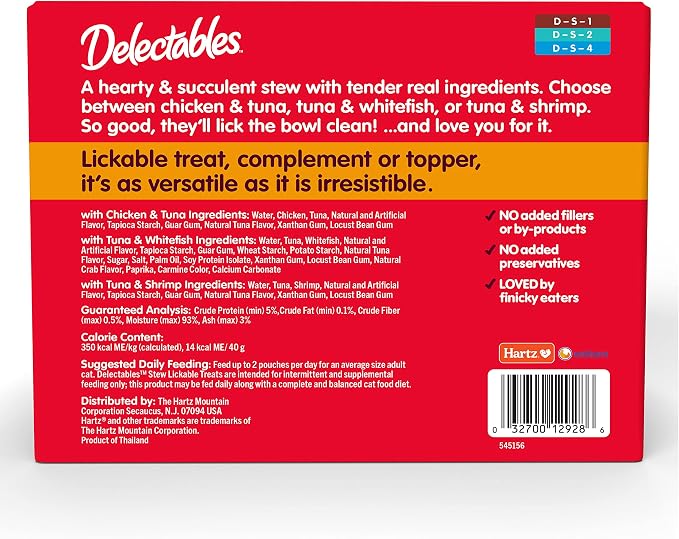 Delectables Lickable Treat Stew Wet Cat Treat Variety Pack, Food Topper, Hydrating, Grain-Free, No Fillers, No By-Products, No Added Preservatives, 1.4oz Pouch, 30ct