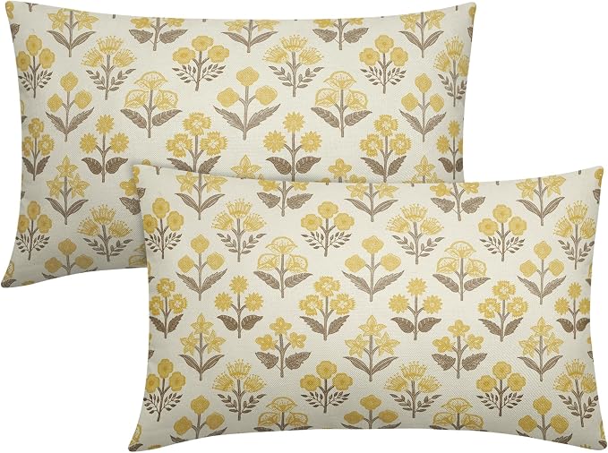Brown Yellow Floral Pillow Covers 12x20 Inch Set of 2, Block Print Lumbar Flower Cream Decorative Throw Pillowcases Outdoor Farmhouse Rectangle Cushion Covers Spring Summer Sofa Couch Bed Decor