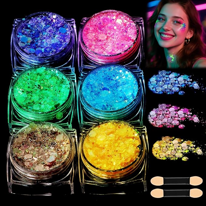 6 Colors Glow in The Dark Glitter Gel for Face Body and Hair, UV Black Light Makeup Glitter Gel for Raves Festivals Party Halloween (Type 1)