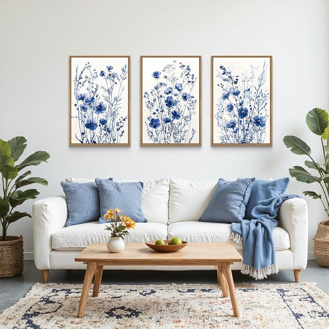 FWIEXA Blue White Wildflower Canvas Wall Art Set of 3, Framed Navy Chinoiserie Watercolor Botanical Pictures Wall Decor, Minimalist Floral Paintings Artwork, 24x36In Florals Prints for Living Room, Bedroom, Bathroom