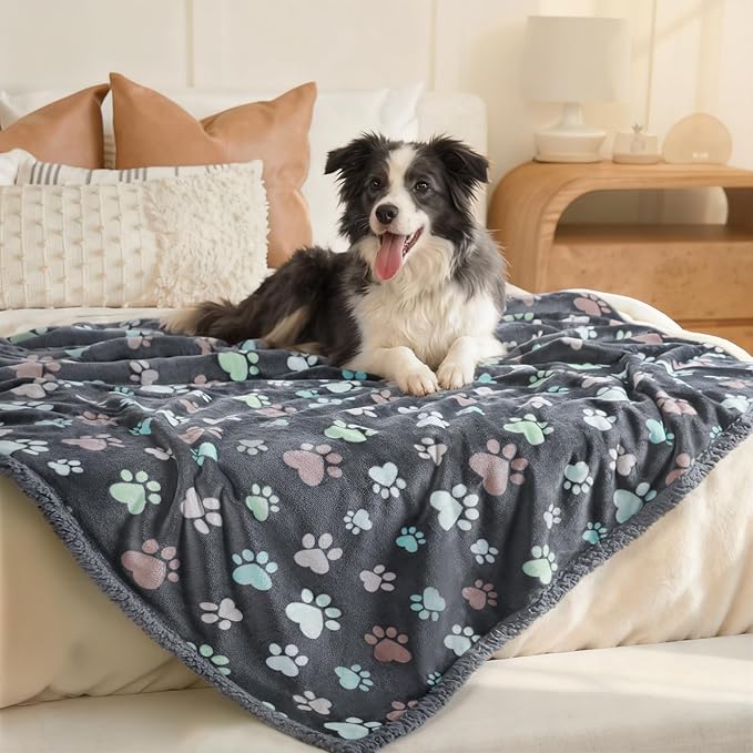 Luciphia Waterproof Dog Blanket Reversible Sherpa Fleece for Small Dogs Cat | Soft Print Pet Blanket Washable Pee Proof, Furniture Protector for Couch Sofa Bed Car, Cozy Throw (40" x 28", Grey Paw)