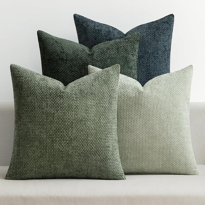MIULEE Decorative Chenille Euro Pillow Covers Green Navy 22x22 Pack of 4 | Nordic Home Decor, Moody Green–Navy Set, Couch Throw Pillows, Farmhouse Boho Cushion Covers for Sofa Bed Living Room