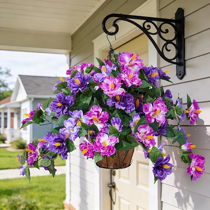 INXUGAO Artificial Flowers for Outdoors Indoors,3 Bunches Fake Hibiscus with Hanging Basket Realistic UV Resistant Silk Flower Leaves,Faux Plant for Outside Home Patio Garden Poch(Purple,Fuchsia)