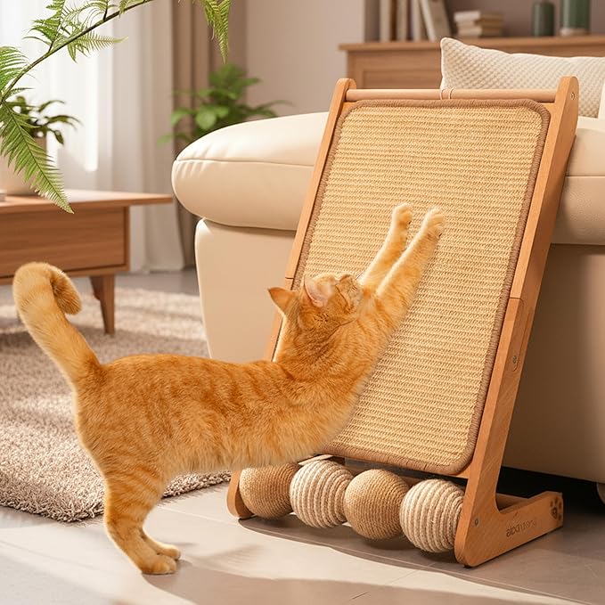 Sisal Cat Scratcher Ramp with Balls L-Shape Wooden(Upgraded) | 120° Dual-Use Cat Scratching Post. Built-In Ball Toy. Natural Sisal Scratch For Indoor. Protects Furniture. Quality Beech
