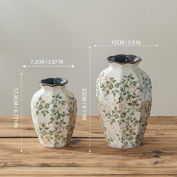 Ceramic Flower Vase for Home Decor, Vintage Green Decorative Vase 6.7 Inch | Rustic Farmhouse Floral Vase for Living Room, Kitchen, Coffee Table, Mantel, Bookshelf, Entryway, Wedding Centerpiece
