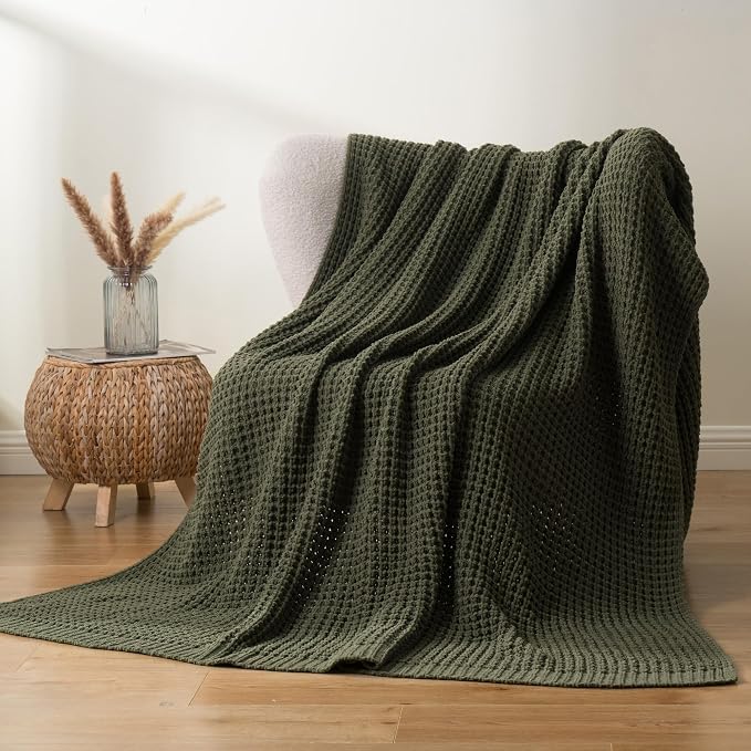 Olive Green Throw Blanket for Couch, Waffle Knit Blanket Throw 60"x80" | Chunky Chenille Throw Blanket, Soft Dark Green Throw Blanket for Home Decor, Sofa, Men, Modern Farmhouse Knitted Style