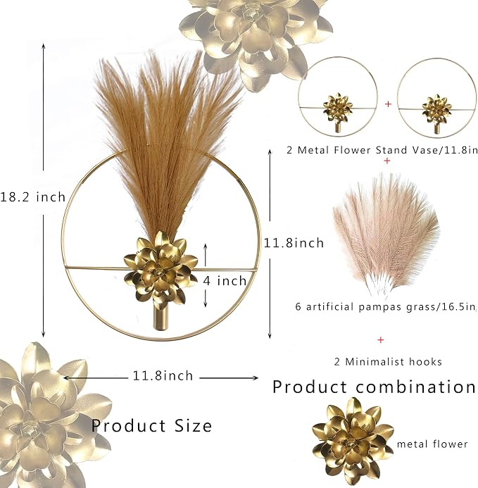 M-dazzling Gold Wall Decor Hanging Planters with Pampas Pretty Wall Decor Boho Plant Wall Decor; Metal Wall Hanging Vase;Living Room, Bedroom, Bathroom, Dining room,Plant Wall-Mounted Decor