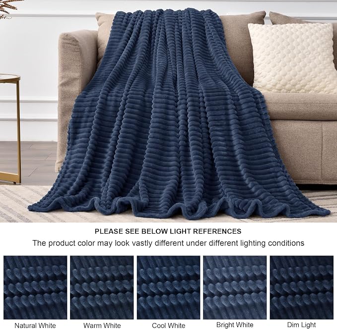 BEDELITE 3D Ribbed Jacquard Navy Blankets Queen Size for Bed, 90x90 Inch | Soft Warm Decorative Fluffy Blanket, Cozy Fuzzy Lightweight Plush Fleece Throw Blankets for Bed, Room Decor, Gift for Women