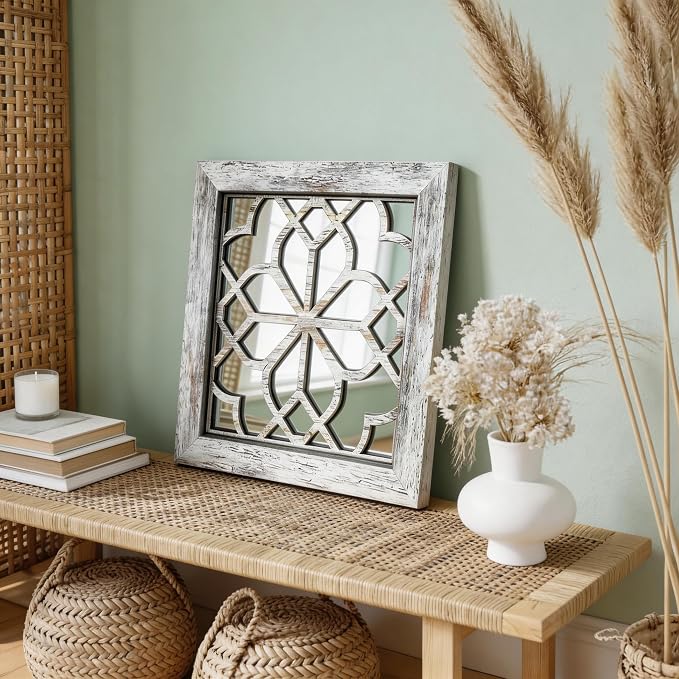 Set of 4 14 Inch Square Grey Window Pane Wall Mirrors, Shatterproof Rustic Farmhouse Boho Vintage Decorative Mirrors for Living Room Bedroom Bathroom Entryway