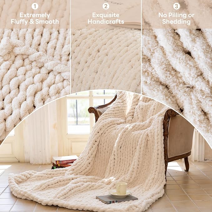 Chunky Knit Blanket - Luxury Soft Cozy 60 * 80 Throw Blanket, 100% Handmade Chenille Yarn Woven Blanket for Couch, Sofa, Home Decor, Gift - Machine Washable (Cream, 60 * 80)