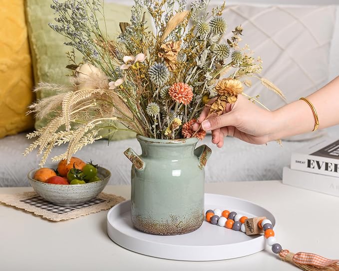 Quoowiit Ceramic Rustic Farmhouse Vase, Distressed Decorative Flower Vases for Home Decor, Ideal Shelf Decor, Green Boho Vase for Living Room Bedroom Kitchen Office Centerpiece Table Decorations