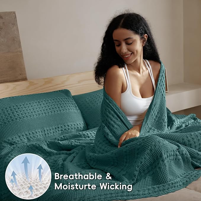 PHF 100% Cotton Waffle Weave Blanket King Size, Lightweight Breathable Summer Blanket for Hot Sleepers, Pre-Washed Soft Layer for Bed, Couch, Home Decor Gift, 108"x90", Teal