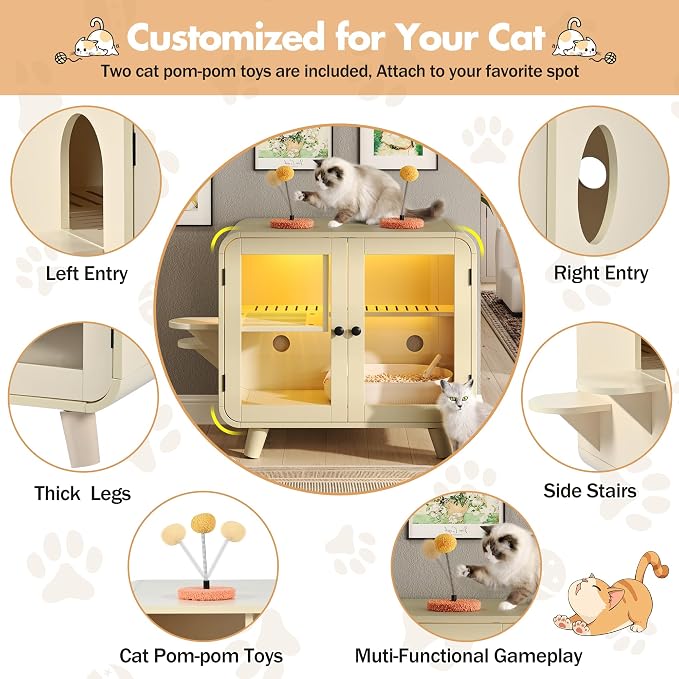 30.7 Inch Cat Litter Box Enclosure Furniture with Stairs, Beige | RGB LED Light, Dual Glass Doors, Litter Leak Walkway, Pom-Pom Toys, Side Stairs and 220 lb Top Capacity for Indoor Cat Care