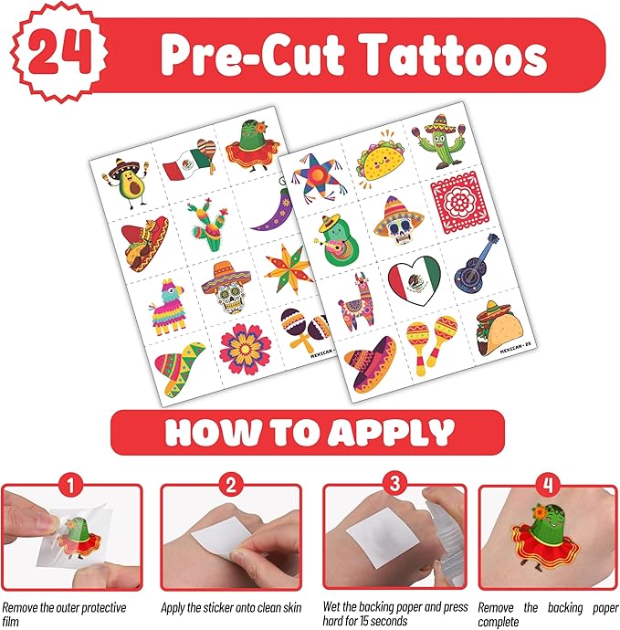 48PCS Cinco de Mayo Party Favor Set - 24PCS Temporary Pre - cut Tattoos & 24PCS Slap Bracelets - Mexican Fiesta Birthday Supplies, Baby Shower Gifts, Classroom Rewards & Party Decor for Kids