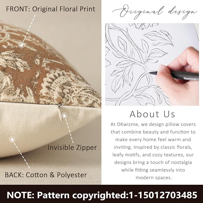 Vintage Floral Print Throw Pillow Covers 18x18 Set of 2 Neutral Modern Farmhouse Pillowcases Accent Decorative Cushion Covers Boho Home Decor for Couch Sofa Chair Bed Living Room, Cognac