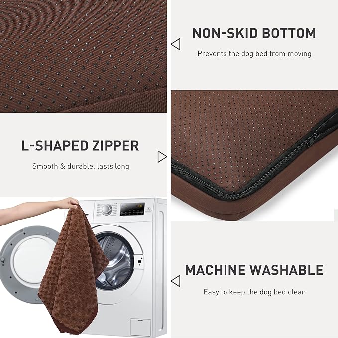 KSIIA Washable Dog Bed for Crate Waterproof for Medium Dogs,29x18 in,Brown | 3in egg crate foam,orthopedic support,Soft rose velvet,3ply waterproof fabric,removable cover,anti-slip base,washable