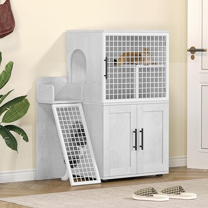 IDEALHOUSE Cat Litter Box Enclosure with Double Layer, White | Double Layer Cat Litter Box Furniture with Ladder, Creates a Private Cat Space While Keeping Living Rooms Clean and Organized