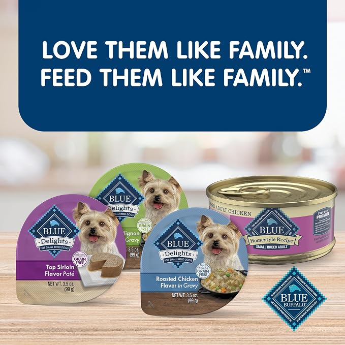 Blue Buffalo Delights Variety Pack Small Breed Wet Dog Food, 3.5 oz, 12 ct | Chicken & Prime Rib (6 of Each), Adult Formula, Grain-Free, No Corn, Wheat, or Soy