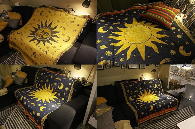 Erke Celestial Moon Sun Blanket Vintage 90s Decor Chair Whimsy Hippie Throw | Sofa Couch Furniture Aesthetic Witchy Recliner Cover, Bed Spread, Hippie Room Decor, Double Sided Woven