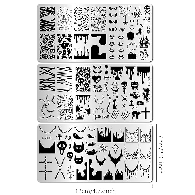 Arbuya Halloween Nail Art Stamping Plates Set of 3 - Mummy, Pumpkin, Bats, Skull, Blood Drops & French Tips - Stainless Steel Manicure Art Tools for DIY Print Manicure Salon Design Gift Supplies