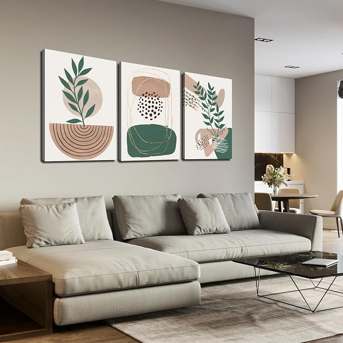 DNIEOTU Boho Canvas Wall Art for Living Room, Minimalist Geometric Shapes Wall-Decor for Bedroom, Modern Botanical Picture Prints, Size 16 x 24 Inches 3-Pieces