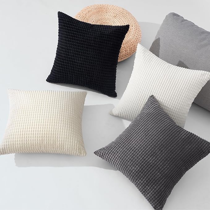Topfinel 4 Packs Black and White Decorative Throw Pillow Covers 16x16 Inch for Living Room Couch Bed Sofa, Boho Western Farmhouse Home Decor, Square Soft Moss Corduroy Fall Cushion Case 40x40 cm