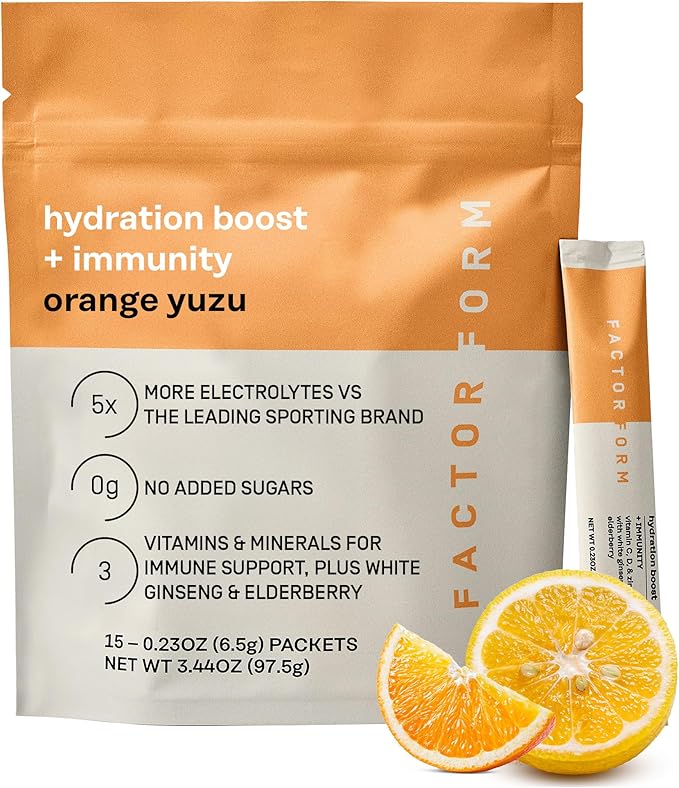 FACTOR FORM Hydration Boost Electrolyte Powder | 1800mg Electrolytes | Vitamin C, D, B6 & B12 for Energy & Immunity | No Added Sugar | 5 Calories | 15 Packets (15 Packets, Orange Yuzu)