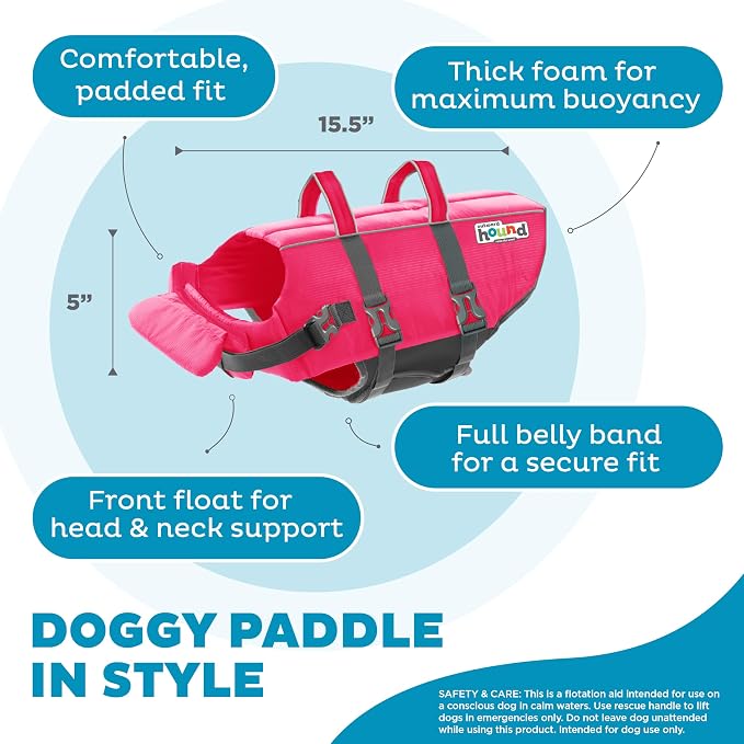 Outward Hound Granby Splash Dog Life Jacket, Life Vest, Pink, Medium | Max Buoyancy, Adjustable Fit, Head/Neck Support, Rescue Handle, Reflective, Swimming & Boating, Medium Dogs (21–27" Girth)