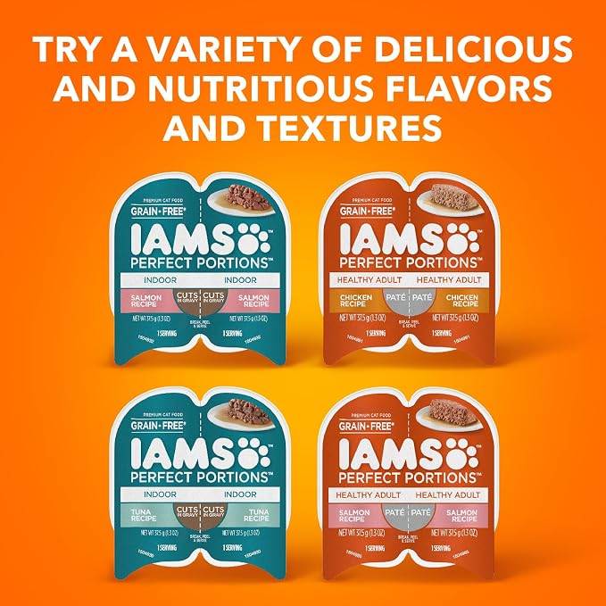 IAMS Perfect Portions Cuts in Gravy Wet Cat Food, Variety, 24 Count | Grain-free, antioxidant Vitamin E for immunity, no artificial flavors or preservatives, 2.6 oz. twin-pack trays, made in USA