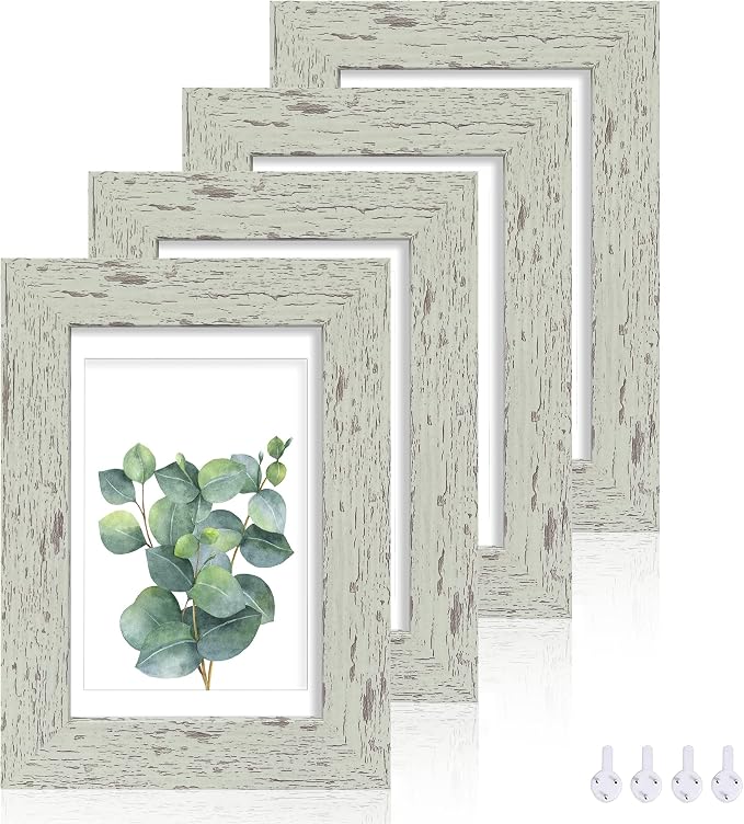Hongkee 4x6 Picture Frame Set of 4, Made of Real Glass and Sage Green Wooden Frame, 4 by 6 Photo for Wall or Tabletop - Display Picture 3.5x5 with Mat or 4x6 Without Mat