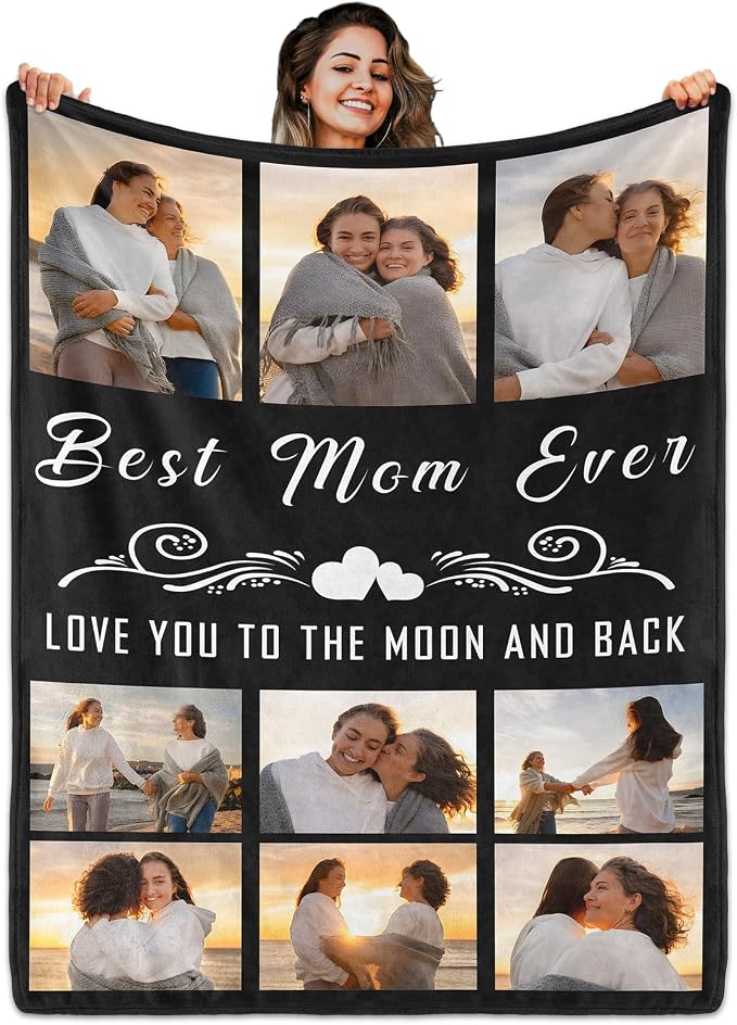 Gifts for Mom Custom Blanket with 9 Photo & Text, Personalized Birthday Blanket with Picture for Mother, HD Printing Customized Flannel Throw Blanket Gifts for Best Mom Ever
