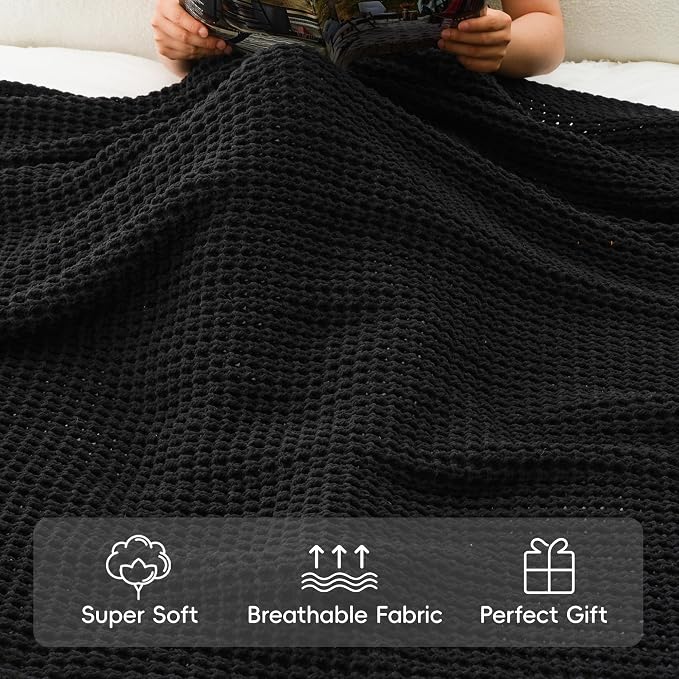 Waffle Knit Throw Blanket, Black Chenille Throw Blanket for Couch 50"x60" | Cozy Stylish Chunky Knitted Blanket, Ideal for Bed Sofa Men Home Decor,Modern Farmhouse Waffle Knit Texture