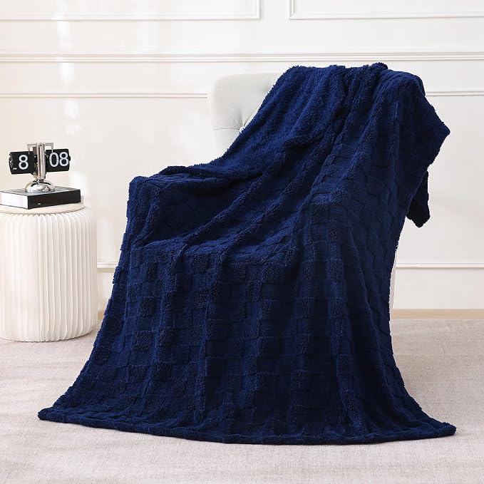 Navy Blue Fleece Throw Blanket 60”×80”Checkered Design for Couch | Super Soft Cozy Plush Microfiber 3D Square Pattern Flannel Blanket for Sofa Bed Lightweight for Adults,Women