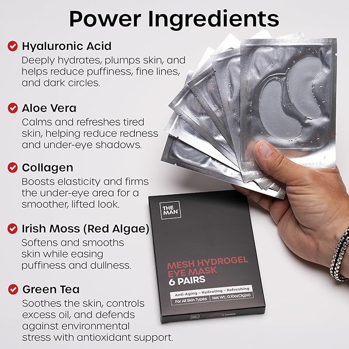 The Man Mesh Hydrogel Under Eye Patches for Men - Cooling, Hydrating & Firming Eye Masks for Dark Circles & Puffiness - Men's Anti-Aging Patches with Hyaluronic Acid, Collagen & Vitamin E. (6 Pairs)