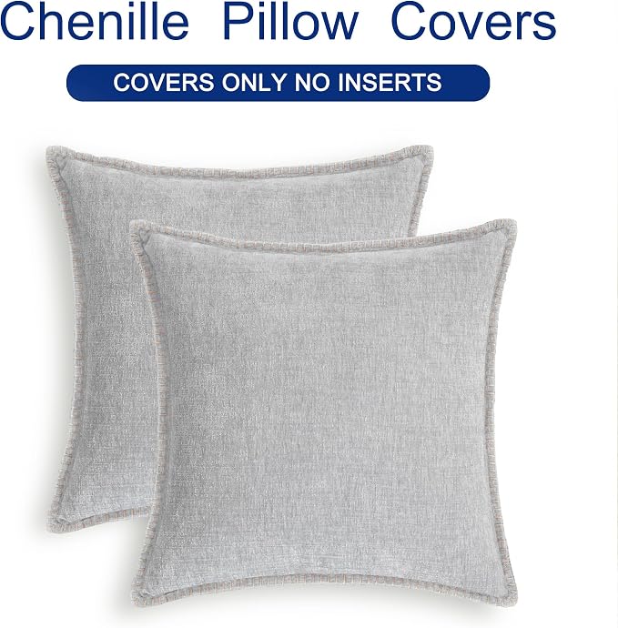 CaliTime Decorative Couch Throw Pillow Covers 16 X 16 Inches Moonbeam Gray | Pack of 2, Cozy Chenille Cushion Cases, Cotton Thread Stitching Edges, for Sofa Bed Living Room Farmhouse