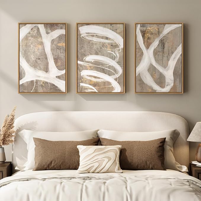 Framed Neutral Abstract Wall Art for Bedroom, 3 Piece Modern Canvas Prints Paintings Artwork for Walls, Minimalist Beige White Taupe Pictures for Living Room Dining Hallway Office Wall Decor 16x24 In