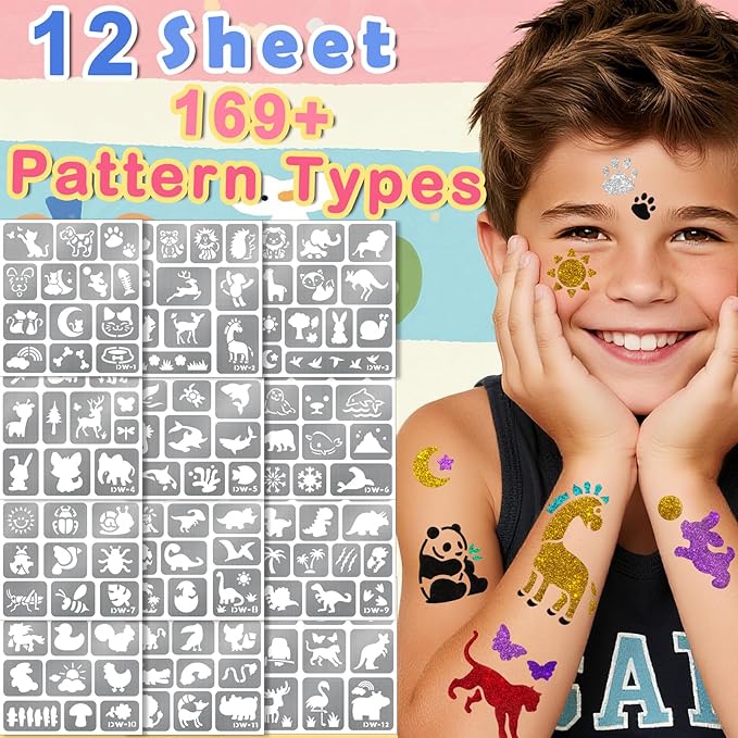 Temporary Tattoo Markers for Skin, 8 Metal Body Markers + 169 Shark Dolphin Mermaid Cartoon Animal Tattoo Stencils for Kids Adults, Cosmetic-Grade Tattoo Ink, DIY Body Art Party Favors for Women Men