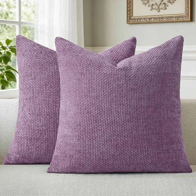 a moment Purple Chenille Throw Pillow Covers 22x22 Inch Pack of 2 Modern Decorative Throw Pillow Covers Farmhouse Cross Covers Home Decor for Sofa Bedroom Living Room