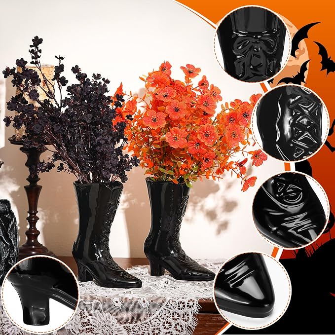 1 Pairs Halloween Flower Vase 7.1 Inch Witch Boot Vase Black Ceramic Gothic Planter Halloween Table Centerpieces for Indoor Outdoor Home Office Decor