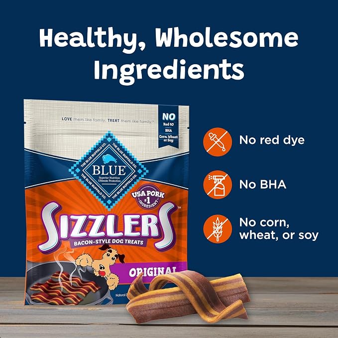 Blue Buffalo Sizzlers Natural Soft Dog Treats, Bacon-Style Soft-Moist Dog Treats with Real USA Pork, Original Flavor, 6-oz Bag, (Pack of 2)